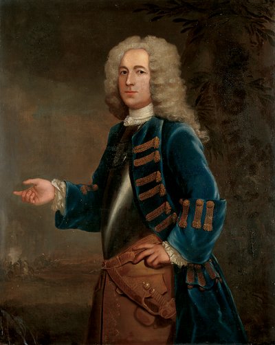 马队长亨利·博伊尔（Henry Boyle）的肖像，风景优美，战斗艰险，1730年 作者 安东尼·李