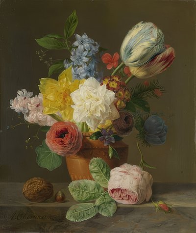 与花和坚果的静物画。约于1830年 作者 安东尼·奥伯曼