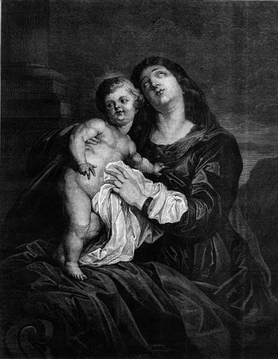 圣母和儿童耶稣。根据安东（Antoon或Anthony）-凡-戴克（1599-1641）的画作绘制的版画。雕刻于1880年12月25日的《世界画报》第1239期。 作者 安东尼·范（继）戴克