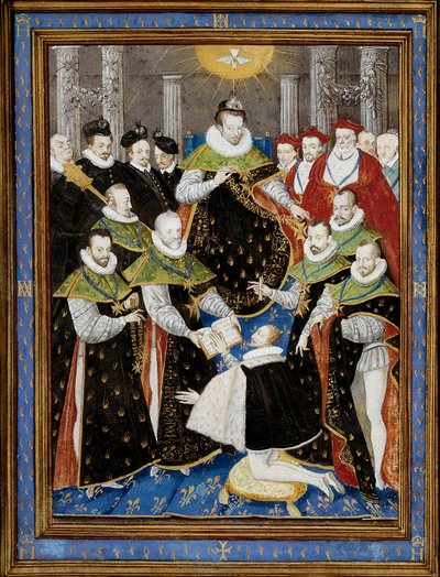 国王亨利三世（1551-1589）在1587年主持了圣灵会（Order of the Holy Spirit）的第一次仪式 威廉-里夏尔（16世纪）根据安托万-卡隆（1521-1599）的作品绘制的微型画 1587年 尚蒂伊，康德博物馆 - 国王亨利三世（15 作者 安托万（后）卡隆