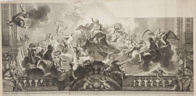 皇家宫殿大画廊天花板中心板的设计，由尼古拉-亨利-塔迪欧（Nicolas Henri Tardieu，1674-1749）雕刻。 作者 安托万（后）Coypel