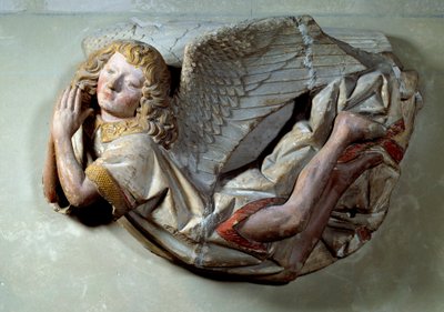 彩色石灰石中的飞行天使浮雕出自 Antoine the Moiturier（1425-1495 年），用于“Jaquotin Ogier 和他的妻子 Pernette 提供的 Mise au tombeau”。 来自 Auxois 的 Semur 的 Chapelles des Carmes。 约 1490 太阳。 0,57x0,4 作者 安东尼·托·勒·穆特里耶