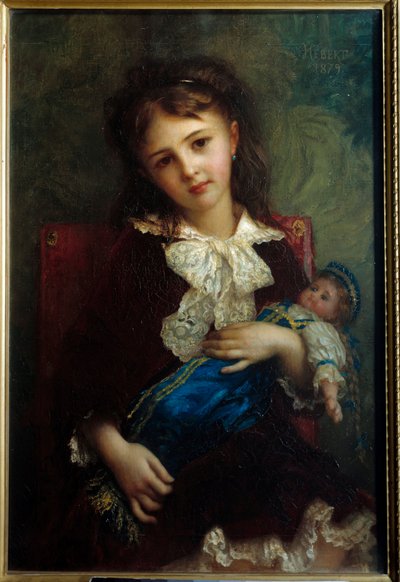 欧内斯特-赫伯特（1817-1908）画的《凯瑟琳-德-布沙奇幼儿抱着娃娃的肖像》。 作者 安东尼·奥古斯特·欧内斯特·赫伯特或赫伯特