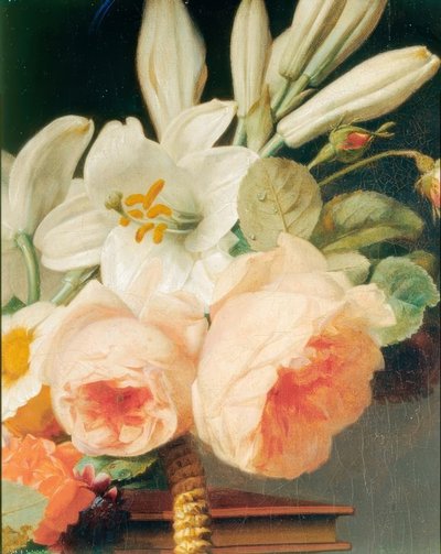 篮子里的百合和玫瑰花束，放在雪纺车上（细节）。 作者 安托万·伯戎（Antoine Berjon）