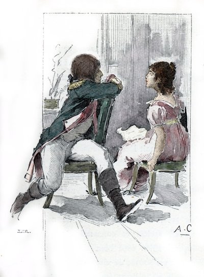 拿破仑·波拿巴 (1769-1821) 和他的未婚妻德西蕾·克拉里 (Desiree Clary, 1777-1860) 的肖像 c. 1795 年 4 月（德西蕾·克拉里 (Desiree Clary) 与拿破仑·波拿巴订婚时的肖像，1795 年 4 月）安托万·卡尔贝 (Antoine Calbet) 的绘画取材于《拿破仑与女性》 作者 安托万·卡尔贝