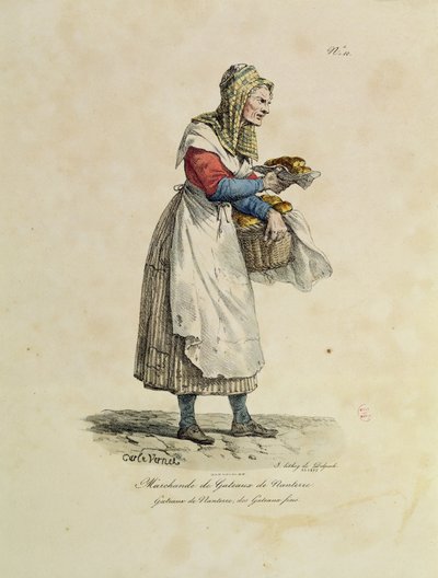 来自&39;The Cries of Paris&39;系列的10号Nanterre Cake卖家，由Francois Seraphin Delpech（1778-1825）（彩色光刻）雕刻而成 作者 安东尼·查尔斯·贺拉斯·韦尔内