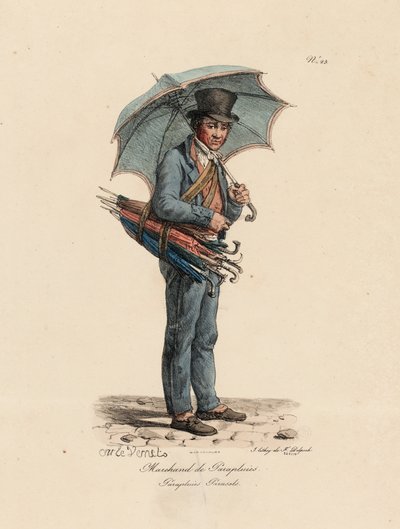 来自The Cries of Paris系列的第18号Umbrella和Parasol卖家，由Francois Seraphin Delpech（1778-1825）雕刻而成 作者 安东尼·查尔斯·贺拉斯·韦尔内