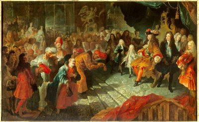 路易十四国王 (1638-1715) 于 1715 年 2 月 19 日在凡尔赛的冰淇淋画廊接待了波斯特命大使 Mehemet Reza Bey (Raza-Bey) 的绘画归功于 Antoine Coypel (1661-1722) Sun。 0,7x1,5 m 作者 安托万·科佩尔