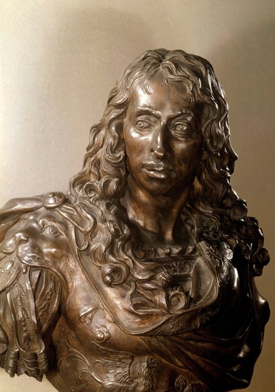 波旁国王路易二世的青铜半身像，被称为大孔德 (1621-1686) (Bourbon-Conde)。 Antoine Coysevox (1640-1720) 17 世纪的雕塑。 作者 Antoine Coysevox