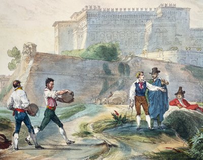 安托万-让-巴蒂斯特-托马斯（1791-1834）的《玩转鲁兹卡》，彩色石版画，选自《在罗马及其周边地区的一年》。 作者 安托万·让·巴蒂斯特·托马斯