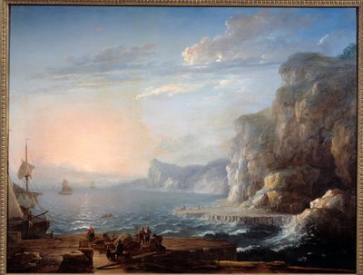日落 海上的悬崖和岩石景观，前景是渔民。 Antoine Lebel (1705-1793) 18 世纪的绘画。 0,9x1,16 m 鲁昂，美术博物馆 作者 安托万·勒贝尔