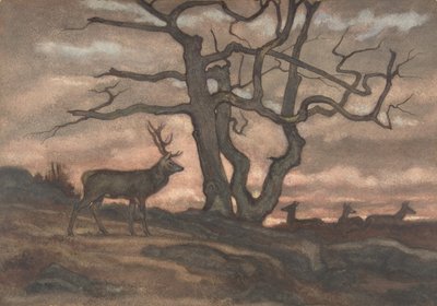 夕阳下的鹿和树，1810-75。 作者 安托万·路易斯·巴里