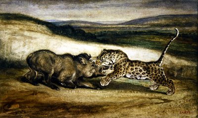 黑豹与野猪搏斗（水彩画） 作者 安托万·路易斯·巴里