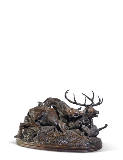 十个尖角鹿，被两只苏格兰灵缇犬铺成地板，约1840年（青铜） 作者 安托万·路易斯·巴里