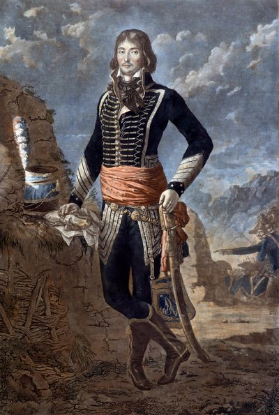 马索将军 (1769-1796) (Francois Severin Marceau Desgraviers) 的肖像，基于安托万·路易斯·弗朗索瓦·塞尔金特 (1751-1847) 的一幅画作，被称为马索中士。 18 世纪的雕刻。 巴黎, musee de l
