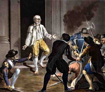 加斯帕德-德-科利尼之死》，让-巴蒂斯特-莫雷特（Jean Baptiste Morret，约 1790-1820 年）1788 年雕刻（彩色版画） 作者 Antoine Louis Francois (after) Sergent-Marceau