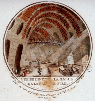 Le Camus de Mézières在1763至1766年间建造的新市场大厅的内部景观，今天是巴黎的证券交易所。中士绘制的巴黎主要建筑的原始视图 作者 安托万·路易斯·弗朗索瓦·瑟金特·玛索