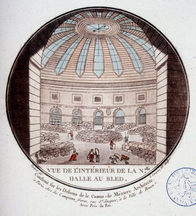 由 Le Camus de Mézières 于 1763 年至 1766 年间建造的新市场大厅的内部景观，现在是巴黎的证券交易所。 中士在巴黎主要建筑的美丽景色中 作者 安托万·路易斯·弗朗索瓦·瑟金特·玛索
