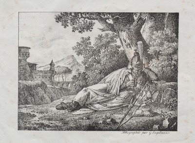 Receuil石版画：1822年，在树脚下吸烟的龙层。 作者 安东尼·皮埃尔·蒙金