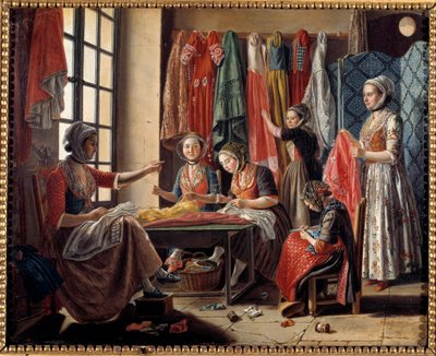 1760 年在阿尔勒的一家缝纫作坊 Antoine Raspal (1738-1811) 绘画 1760 年阿尔勒，Musee Reattu 作者 安托万·拉斯帕尔（Antoine Raspal）