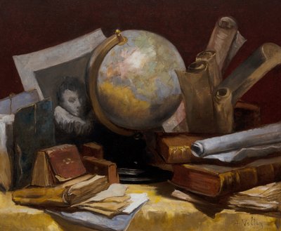 有世界地图、书籍和羊皮纸的静物画 作者 安托万·沃隆