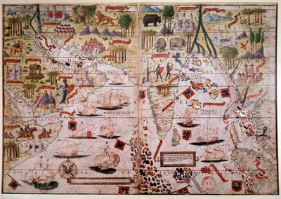 印度葡萄牙航海地图集。1519 年由皮埃尔-莱内尔和乔治-莱内尔、洛波-霍门（制图师）和安托万-德-霍兰德（微型画师）绘制的米勒地图手稿的页面。16 世纪。巴黎，B N. 作者 安托万德奥朗德