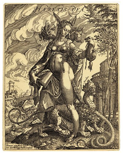 Heresia 神是一个寓言人物，形象是一个长着驴耳朵的女人，手里拿着一本被撕坏的书，两腿之间夹着一个怪物。安东-艾森豪特（1554-1603 年）创作的反改革派讽刺版画 16 世纪末 作者 