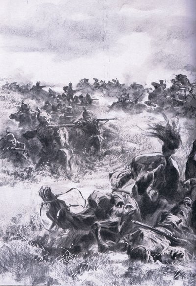 在 Praszysz 击败俄罗斯第 14 骑兵旅，出自 The Illustrated History of the World War 1914-1915 酒吧。 by Union Berlagsefellfchaft 作者 安东·霍夫曼
