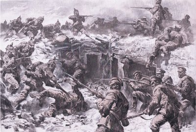 西里西亚、普鲁士和德意志帝国军队击败莫斯科掷弹兵军团，来自 The Illustrated History of the World War 1914-1915 酒吧。 by Union Berlagsefellfchaft 作者 安东·霍夫曼