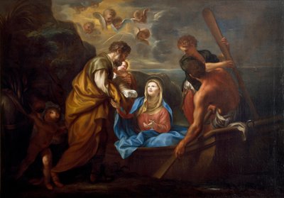 The flight to Egypt The holy family embarks on a boat. Painting by Anton Maria Piola (1654-1715) Collezione Banca Carige Genes 作者 安东·玛丽亚·皮奥拉（Anton Maria Piola）