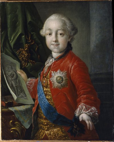 帕维尔-彼得罗维奇-罗曼诺夫大公（1754-1801 年）童年肖像。1796 年至 1801 年的俄罗斯皇帝。安东-巴甫洛维奇-洛森科（1737-1773 年）的绘画，纸上水彩 作者 安东·帕夫洛维奇·洛森科（Anton Pavlovich Losenko）