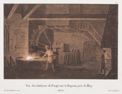 比利时休伊附近的一个锻造内部，由Jean-Baptiste Jobard（1792-1861）雕刻（有色光刻） 作者 安东·德·豪恩之后