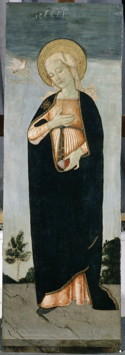 玛丽在报喜，c.1500（杨木上的蛋彩画） 作者 罗马安东尼奥