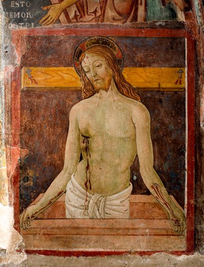 圣母怜子图 耶稣基督的光环标有十字架。 Antonio Aquili detto Antoniazzo Romano（活跃于 1461-1508 年左右）15 世纪意大利苏比亚科（罗马）圣贝诺伊特修道院（Sacro Speco）的壁画细节 作者 罗马安东尼奥