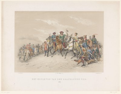 1851 年乌特勒支化妆舞会：1296 年的宫廷生活
坟墓时代的宫廷生活。1296 年（物品上的标题）
荷兰历史。从最早的时代到 17 世纪末，分为八个场景，由 H.H. Dtudente 穿着戏服展示 作者 彼得·威廉姆斯·范·德·魏尔