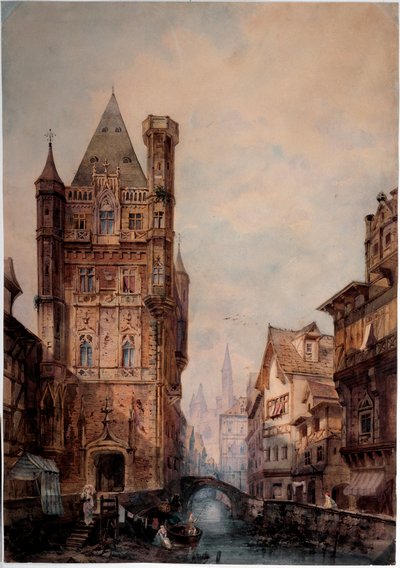 诺曼城市中的运河景观 安东尼奥·贝尔纳斯科尼（Antonio Bernasconi）的水彩画（19 世纪）昏暗 85x75 厘米基因，现代艺术画廊，inv 61 作者 安东尼奥·贝纳斯科尼（Antonio Bernasconi）