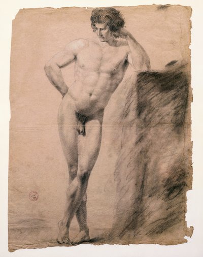 安东尼奥-卡诺瓦（1757-1822）的男性裸体靠在基座上的研究，图画 作者 安东尼奥·卡诺瓦