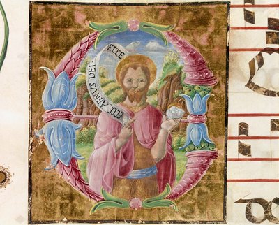 Saint John the Baptist Lettrine illuminated by Antonio Cicognari. Detail of an antiphonary. 1483. Cremone, choral 4, capitolo del duomo 作者 安东尼奥·西科格纳拉