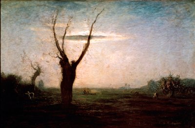 四月的冬末景观，一棵树仍然没有叶子。 绘画”安东尼奥·丰塔内西（1812-1882） 作者 安东尼奥·丰塔内西