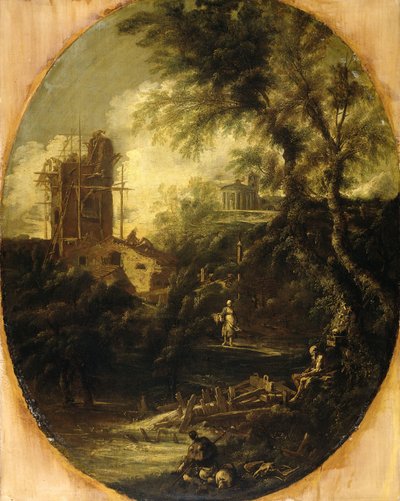 有隐士的风景，约 1690-1724 年（布面油画） 作者 安东尼奥·弗朗切斯科·佩鲁佐尼