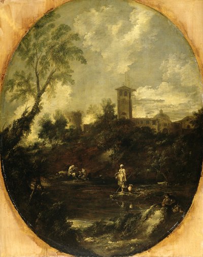 有僧侣的风景，约 1690-1724 年（布面油画） 作者 安东尼奥·弗朗切斯科·佩鲁佐尼