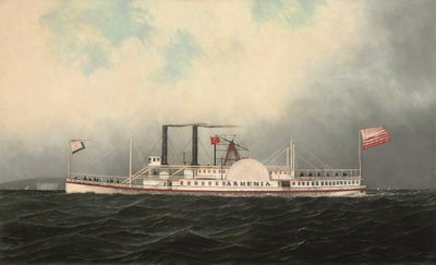 哈德逊河日线汽船亚美尼亚号驶过纽约港拉斐特堡（布面油画） 作者 安东尼奥·雅各布森