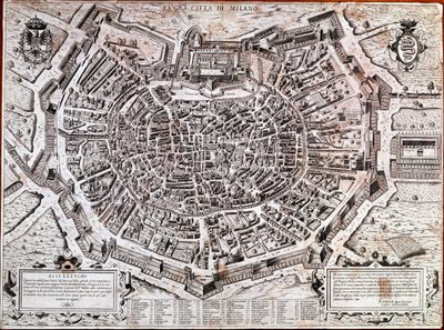 Antonio Lafreri (Lafrery or Lanfrerius) (1512-1577) 于 1573 年编辑的米兰城市地图。这是该市最古老的地图。 米兰，米兰博物馆 - 米兰地图。 1573 年最古老的城市地图，由 Antonio Lafreri 编辑。 意大利，米兰博物馆 作者 安东尼奥·拉弗里里（Antonio Lafreri）