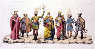 匈牙利的领导人和国王，摘自朱尔斯-费拉里奥的《古代和现代服装》，约在19世纪20-30年代出版（彩色平印）。 作者 Antonio Lanzani