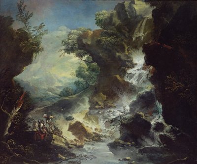 带瀑布的风景，约1700-07年（布面油画） 作者 安东尼奥·马里尼