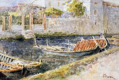 加尔达湖上的西尔苗内，安东尼奥·梅耶尔（Antonio Mayer，1862-1921 年）绘制，水彩画。 意大利，20世纪。 作者 安东尼奥·迈耶