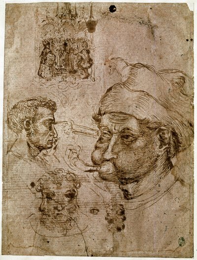 四个男人的脑袋，其中两个有三张脸。 祭坛画。 一匹马。 Antonio di Puccio Pisano dit Pisanello（1395-1455）工作室的图纸。 棕色墨水，钢笔（绘图），血液。 昏暗：27,1x20,5cm。 卢浮宫，奖章内阁。 作者 安东尼奥·皮萨内洛