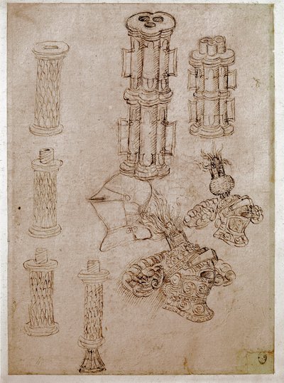 三顶头盔和两支枪被拆除。 Antonio di Puccio Pisano dit Pisanello (1395-1455) 的画作 棕色墨水、黑色石头、羽毛。 暗：28,7x20,6cm。 卢浮宫，绘图公司 作者 安东尼奥·皮萨内洛