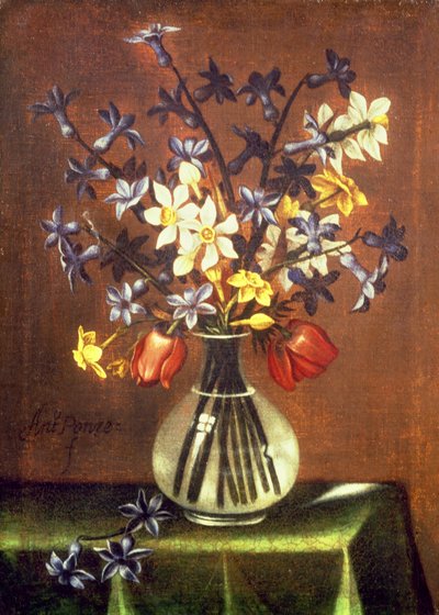 鲜花包括风信子，郁金香和雉鸡眼（油） 作者 安东尼奥·庞塞