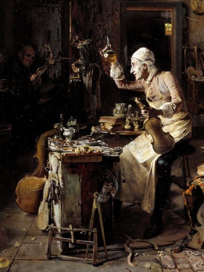 细节：“”意大利制琴师斯特拉迪瓦里 (Antonio Stradivari) (1644-1737) 在他的工作室中“”安东尼奥里纳尔迪绘画（19 世纪）1886 年克雷莫内，Museo Civico 作者 Antonio Rinaldi